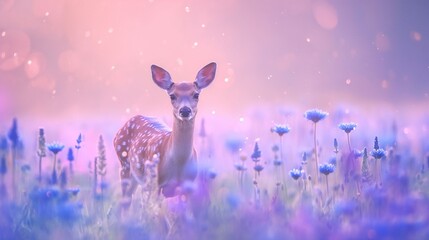 Young Deer in Magical Flower Field.