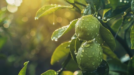 Poster - Selective focus on water drops on green lemon on tree with fresh morning light adding dramatic and vintage styles to a natural background