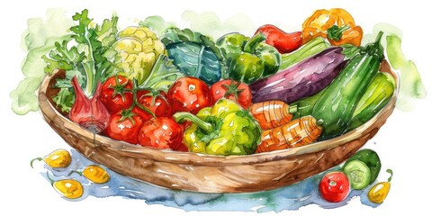 Canvas Print - Fresh and Healthy Vegetable Bowl. Watercolor Illustration of Organic Vegetables for Vegan Diet