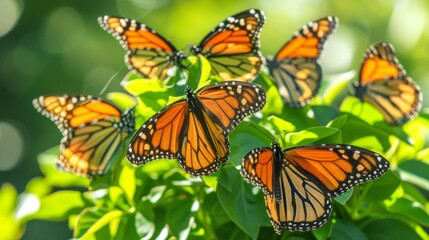 Sticker - Vibrant monarch butterflies resting on green leaves in a sunny garden setting