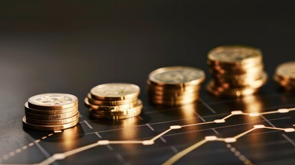 Shiny gold coins stacked in a growth chart symbolize financial success, with a focus on profit and wealth against a dark background