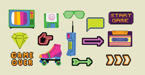 Fototapete - Retro set of icons of 90s. Pop art sticker collection for 1990 born baby. Badge for hipsters with sunglasses, boombox and roller, cassette. Vintage isolated element.