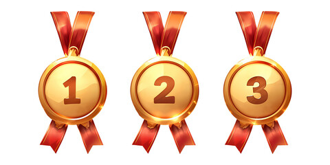 Winner golden medal set isolated on transparent background. First, second and third place in competition. Game champion prize award of honor. Collection for design 