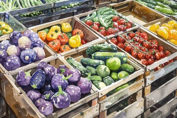 Canvas Print - Fresh Vegan Harvest: Hand-painted Watercolor Vegetables in a Basket