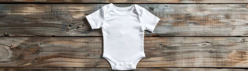 Wall Mural - A baby's white onesie is on a wooden table with a Christmas tree and pom poms