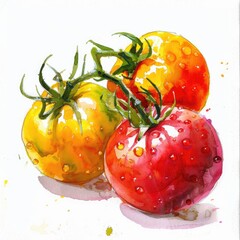 Wall Mural - Hand Drawn Watercolor Tomatoes. Fresh and Ripe Cherry Tomatoes in Vibrant Colors