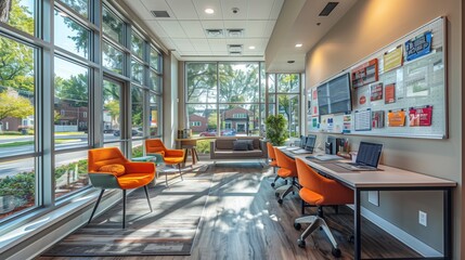 Poster - Bright study area with large window overlooking residential street, furnished with orange chairs, desk, and couch. Equipped with laptops and white board