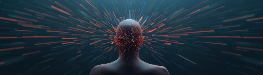 Wall Mural - illustration of a human head with explosive neural connections and light trails emanating from the b