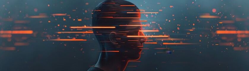 Wall Mural - side profile of a human head with vibrant light trails passing through, symbolizing fast data transm