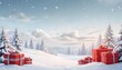 © Sharif54 - Snowy winter landscape with pine trees covered in snow, gift boxes in the foreground, and a cloudy sky with falling snowflakes