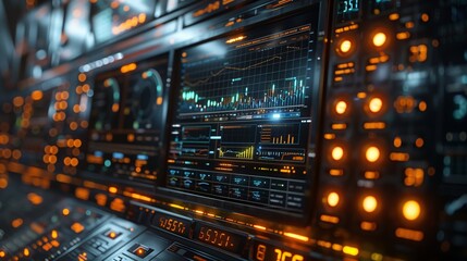 Poster - A close-up shot of a futuristic control panel with glowing orange buttons and a digital display showing graphs and data.