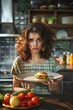 © akaradech - Woman rejecting a plate with a burger, kitchen background, midshot, bright lighting, expressing distaste, candid and relatable