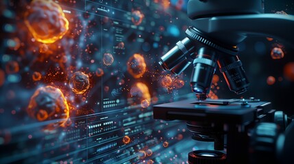 Poster - A modern microscope focused on red-glowing cells, with a digital display showing data in the background.