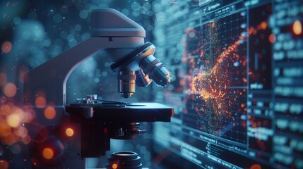 Poster - A traditional microscope in focus, with a digital screen displaying glowing data points in the background.