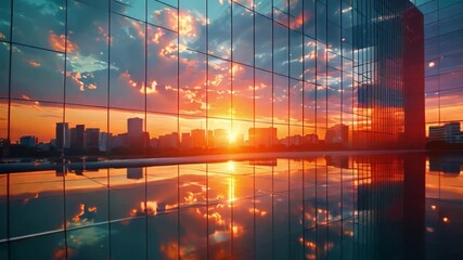 Aufkleber - This sun sets behind a city skyline, reflecting vibrant colors on glass surfaces.