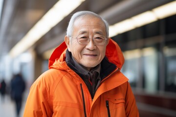 Sticker - Portrait of a cheerful asian elderly man in his 90s wearing a windproof softshell isolated on modern city train station