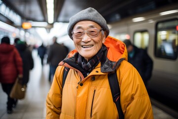 Poster - Portrait of a cheerful asian elderly man in his 90s wearing a windproof softshell on modern city train station