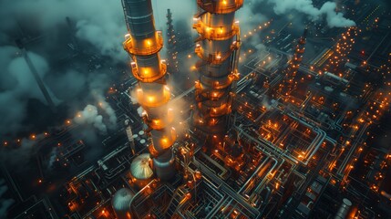 Poster - An aerial view of an illuminated refinery at night, with steam rising from the tall towers and pipes illuminated by bright lights.