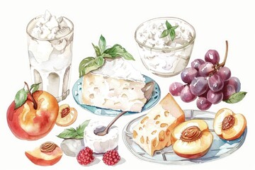 Poster - Hand-drawn Watercolor Illustration of Delightful Cottage Cheese Dessert Set with Fresh Fruits