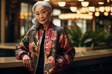 Wall Mural - Portrait of a glad asian elderly woman in her 90s wearing a trendy bomber jacket isolated in luxurious hotel lobby