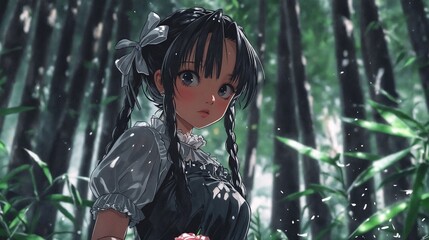 Wall Mural - An anime-style illustration of a young girl with long hair, standing amidst bamboo in a forest, wearing a maid's uniform.