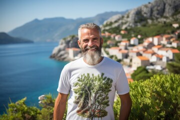 Sticker - Portrait of a smiling man in his 60s sporting a vintage band t-shirt on picturesque seaside village