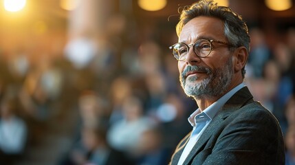 Canvas Print - Confident Leader: A mature, distinguished man with a salt-and-pepper beard and glasses looks thoughtfully towards the camera. 