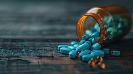 an amber-colored medicine bottle tips over, spilling blue tablets onto a rustic wooden surface, symb