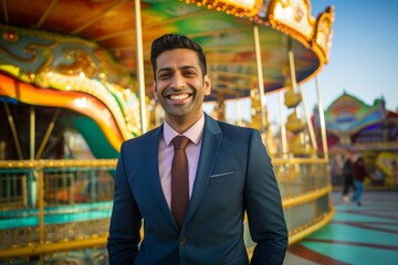 Sticker - Portrait of a grinning indian man in his 30s wearing a professional suit jacket isolated on vibrant amusement park