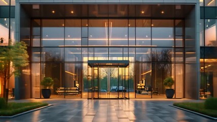 Poster - This Elegant entrance featuring a glass facade with evening lighting and greenery nearby.