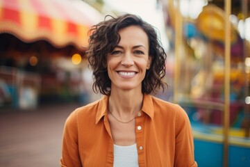 Sticker - Portrait of a smiling woman in her 40s wearing a simple cotton shirt in front of vibrant amusement park