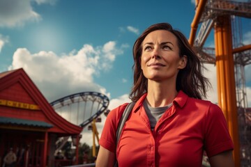 Sticker - Portrait of a merry woman in her 40s sporting a technical climbing shirt over vibrant amusement park