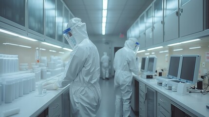 Poster - Two workers in protective suits examine samples in a laboratory setting.