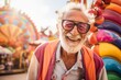 © Markus Schröder - Portrait of a glad man in his 80s wearing a versatile buff in front of vibrant amusement park