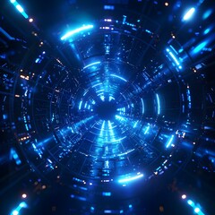 Poster - Captivating Neon Blue Holographic Vortex in Futuristic Sci Fi Background for Electronic Display Concepts