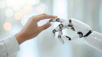 Poster - Close up of a robotic handshake a human hand futuristic