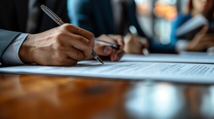 Canvas Print - close up of Hands business professionals holding pens and sign