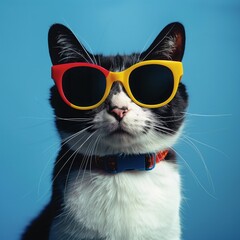 Wall Mural - Black and White Cat Wearing Colorful Sunglasses Posing Against Blue Background..