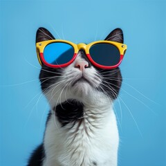 Wall Mural - Black and White Cat Wearing Colorful Sunglasses Posing Against Blue Background..