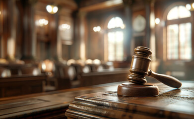 Gavel on a judge's bench in a courtroom with soft lighting.