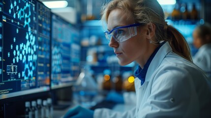 Poster - A female scientist in a lab coat and safety glasses sits at a computer, examining data displayed on the screen, while working in a lab.
