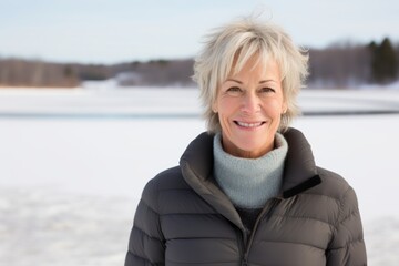 Poster - Portrait of a jovial woman in her 50s donning a classy polo shirt over backdrop of a frozen winter lake