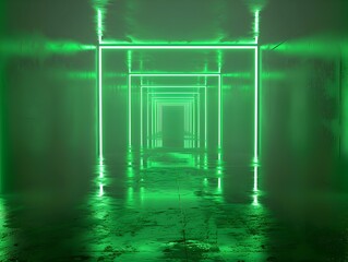 Poster - Neon Green Geometric Light Patterns in Futuristic Tunnel for Sports Gear Display and Product Concept