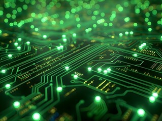 Poster - Glowing Neon Green Digital Circuit Patterns Futuristic Tech Background