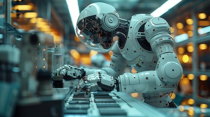 Poster - In a modern industrial facility, a white robot with a clear visor is seen working on a conveyor belt. The camera angle is low, emphasizing its mechanical features