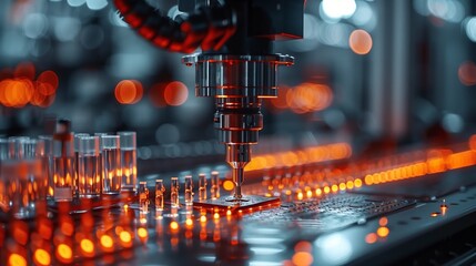 Poster - a robotic arm with a precision tool delicately inserts a component onto a circuit board during an au