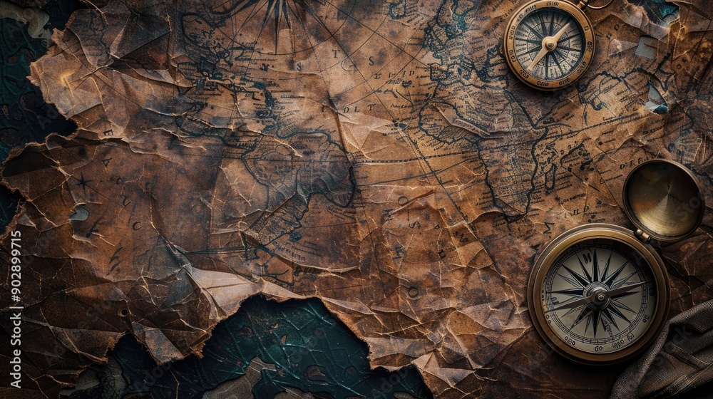 Retro-inspired background with a vintage map and old compass, evoking a ...