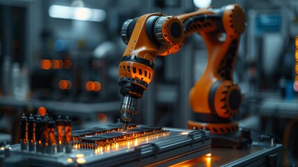 Poster - orange robotic arm with drill bit works on electronic circuit board. arm above board, drill pointing