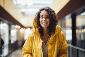 Wall Mural - Portrait of a cheerful woman in her 30s wearing a lightweight packable anorak isolated in bustling school hallway