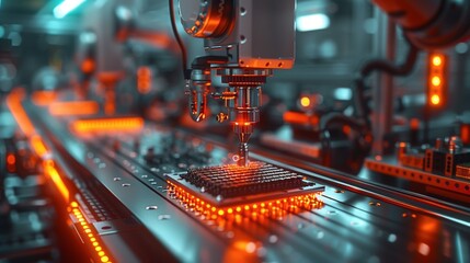 Poster - a robotic arm is positioned above a circuit board, performing an assembly task in a modern factory s